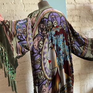 Retro Art Nouveau beaded fringed velvet kimono robe opera coat duster